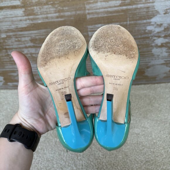 Jimmy Choo Lang Patent Leather Heeled Sandals Blue Preppy Classic - Picture 9 of 11